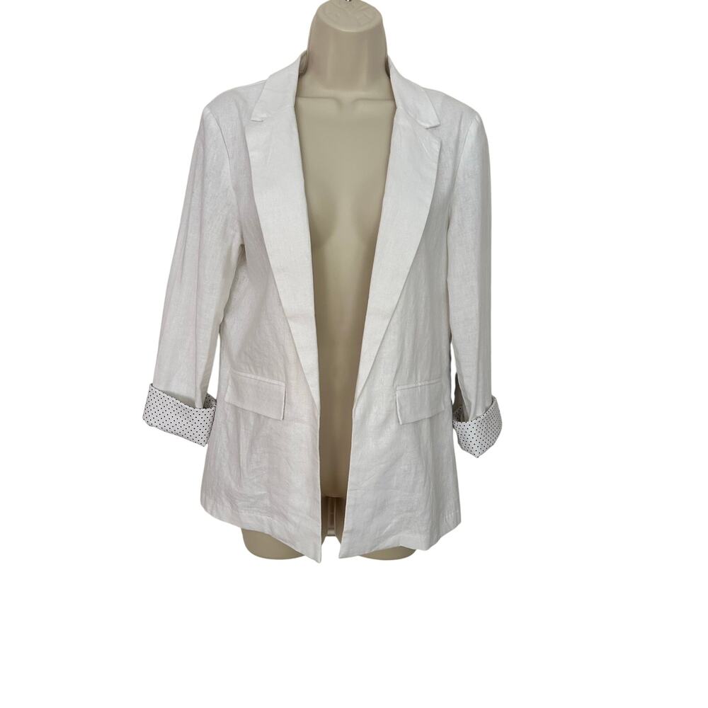 Have Blazer White Linen Blend w Navy Polka Dot Sleeve 3/4 Sleeve Women Small NWT